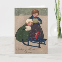 Vintage Art Christmas Two Girls and an Elf