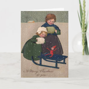 Cartão De Festividades Vintage Art Christmas Two Girls and an Elf