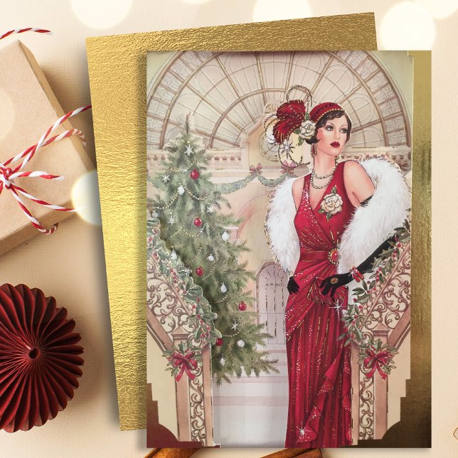 Cartão De Festividades Vintage Art Deco Woman Christmas (Criador carregado)