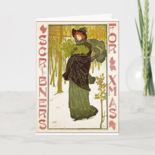 Cartão De Festividades Vintage Art Nouveau Lady with Mistletoe