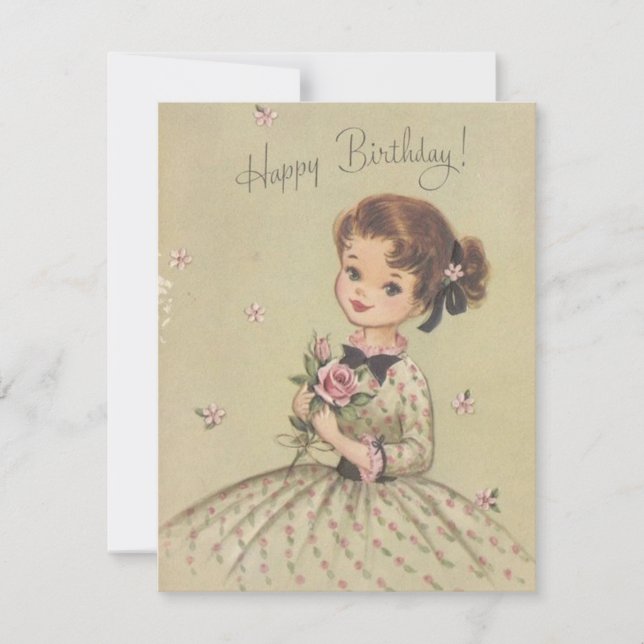 Cartão De Festividades Vintage Birthday Girl with Flowers (Frente)