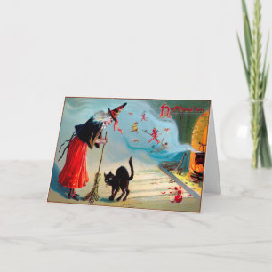 Cartão De Festividades Vintage Black Cat and Witeen Halloween Card
