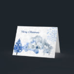 Cartão De Festividades Vintage Blue Town Mice Collage Natal<br><div class="desc">Colagem de Vintage apresentando uma cena de cidade aquosa,  dois camundongos cantores,  uma árvore de Natal e flocos de neve em tons de azul.</div>