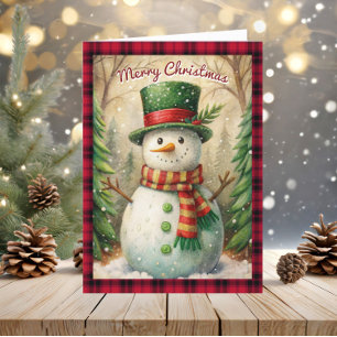 Cartão De Festividades Vintage Boneco de Neve Feliz Natal Xadrez Búfalo