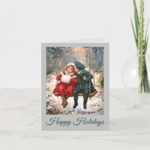 Cartão De Festividades Vintage Boy and Girl in Swing Christmas Card