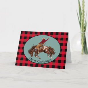 Cartão De Festividades Vintage bronco rider on buffalo plaid