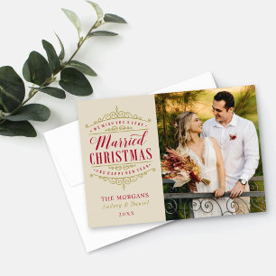 Cartão De Festividades Vintage casou-se com a foto de casamento de Natal
