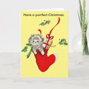 Cartão De Festividades Vintage Cat & Stocking Christmas Card