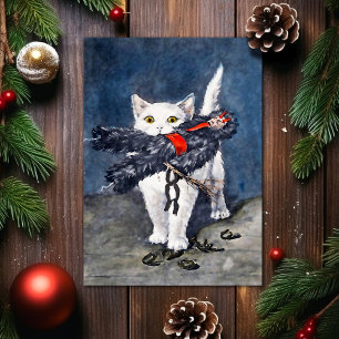 Cartão De Festividades Vintage Cat with Krampus Christmas Card