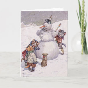 Cartão De Festividades Vintage - Cats Build Snowman,