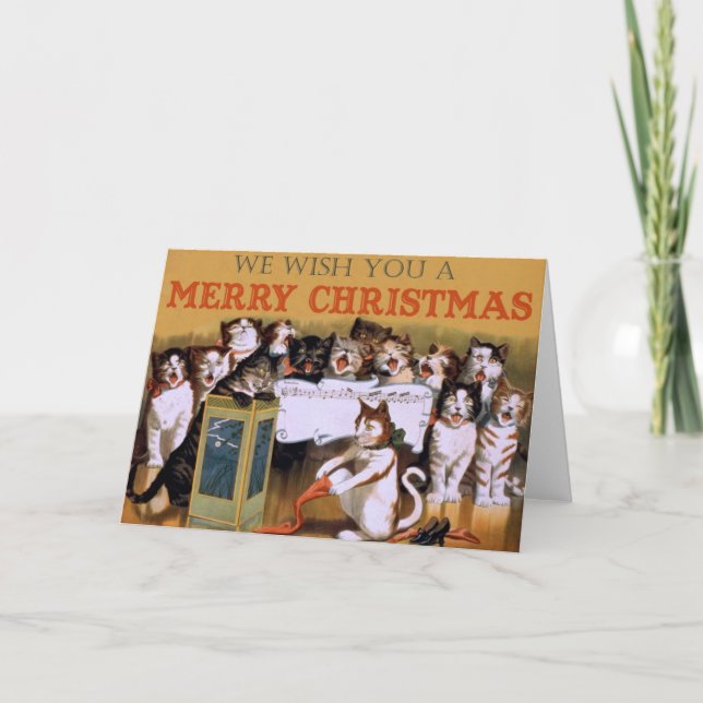 Cartão De Festividades Vintage Cats Saudação de Natal (Frente)
