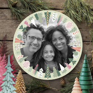 Cartão De Festividades Vintage Chic Árvore de Natal Foto GREEN Rosa Round