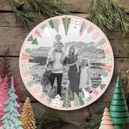 Cartão De Festividades Vintage Chic Christmas Tree Photo PINK Green Round