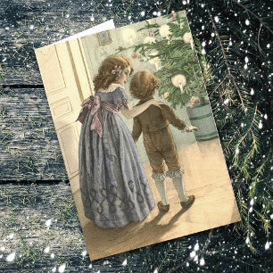 Cartão De Festividades Vintage Children e Tree Christmas Card