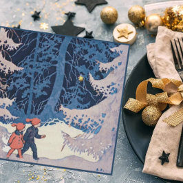 Cartão De Festividades Vintage Children em uma caminhada noturna na neve
