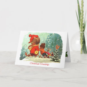 Cartão De Festividades Vintage Christmas, Animals learning to ski