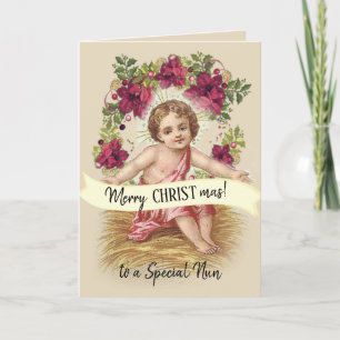Cartão De Festividades Vintage Christmas Baby Jesus Catholic Nun