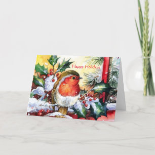 Cartão De Festividades Vintage Christmas - Bird on Snow Covered Holly,