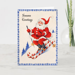 Cartão De Festividades Vintage Christmas Card - Santa on Candy Cane Skis