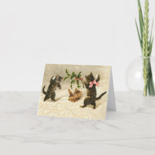 Cartão De Festividades Vintage Christmas comic cats cat snowball fight