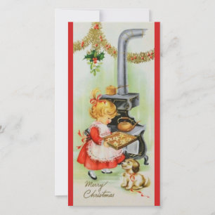 Cartão De Festividades Vintage Christmas Girl Baking Cookies