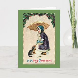 Cartão De Festividades Vintage Christmas - Girl with Kitten & Puppy,