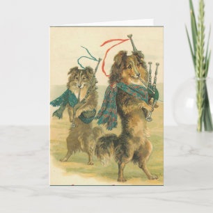 Cartão De Festividades Vintage Christmas Scottish piper dogs collies