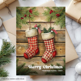 Cartão De Festividades Vintage Christmas stocking traditional pine wreath