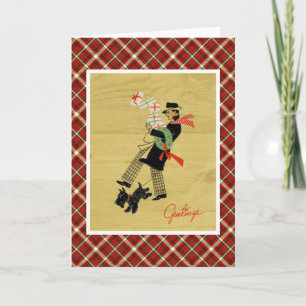 Cartão De Festividades Vintage Christmas Terrier Dog And Man With Gifts