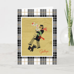Cartão De Festividades Vintage Christmas Terrier Dog And Man With Gifts