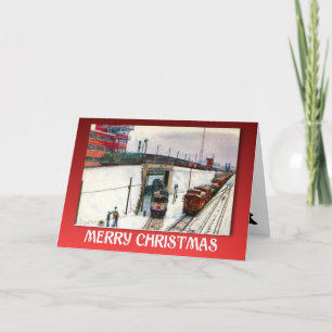 Cartão De Festividades Vintage Christmas, Trains at a junction