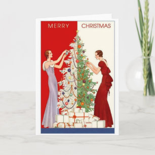 Cartão De Festividades Vintage Christmas tree trimming card