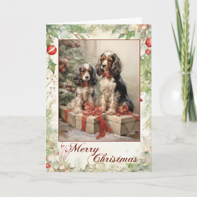 Cartão De Festividades Vintage Cocker Spaniel Natal (Frente)