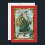 Cartão De Festividades Vintage com Papais noeis ecológicos na neve<br><div class="desc">Vintage Padre Natal em vestes verdes caminha através de um carregando azul nevado do céu um saco de presentes em quadros decorativos vermelhos,  dourados e góticos verdes. A cor de fundo é personalizável. A parte traseira apresenta gráficos complementares personalizados exclusivos com campos de texto editáveis.</div>