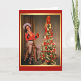 Cartão De Festividades Vintage Cowgirl Em Saddle Com Árvore De Natal