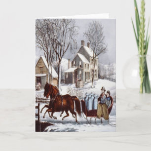 Cartão De Festividades Vintage Currier & Ives Horse Drawn Sleigh Winter