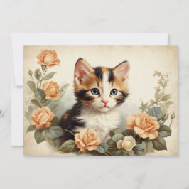 Cartão De Festividades Vintage Cute Calico Kitten Portrait Flowers Sweet