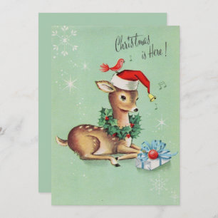 Cartão De Festividades Vintage Cute Deer com Natal Hat