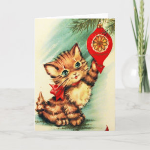Cartão De Festividades Vintage Cute Kitten Por Árvore De Natal