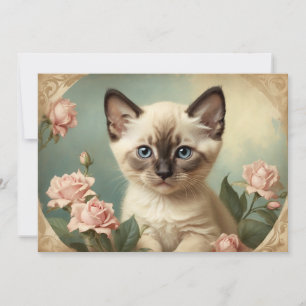 Cartão De Festividades Vintage Cute Siamese Kitten Portrait Flowers Sweet