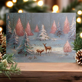 Cartão De Festividades Vintage Deer In Snowy Forest Pink Árvores De Natal