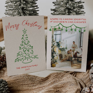 Cartão De Festividades Vintage Desenhou Foto em Árvore Única no Natal