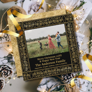 Cartão De Festividades Vintage Dourada Floral Frame Feliz Foto de Natal