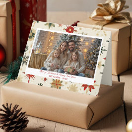 Cartão De Festividades Vintage Dourada Snowflakes Foto de Natal dobrada