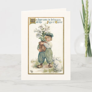 Cartão De Festividades Vintage Dutch Boy com Páscoa Lily e Bunny