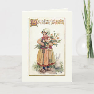 Cartão De Festividades Vintage Dutch Girl com Páscoa Primavera Jonquils