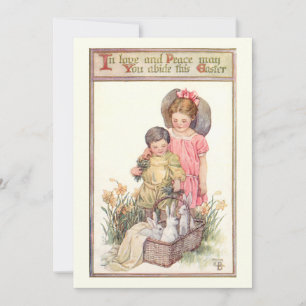 Cartão De Festividades Vintage Easter Bunnies e Mensagem de Paz