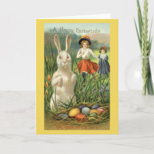 Cartão De Festividades Vintage Easter Bunny e Crianças Felizes Eastertide