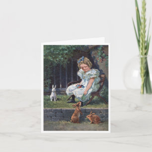 Cartão De Festividades Vintage Easter card girl feeding bunnies