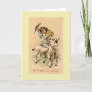 Cartão De Festividades Vintage - Easter Child & Pet Goat,